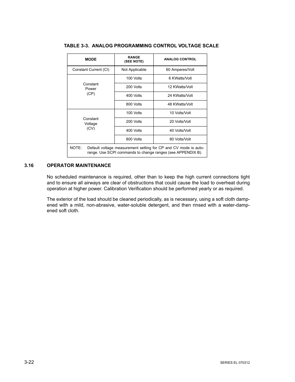 16 operator maintenance, Operator maintenance -22, Analog programming control voltage scale -22 | 16 f | KEPCO EL Series Electronic Load Operator Manual P/N 243-1295 Firmware Version 3.63 through 3.86 User Manual | Page 58 / 80