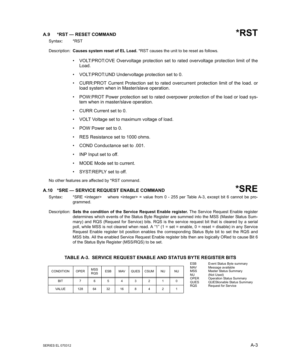 A.9 *rst — reset command, A.10 *sre — service request enable command, A.10 | KEPCO EL Series Electronic Load Operator Manual P/N 243-1295 Firmware Version 3.63 through 3.86 User Manual | Page 61 / 80