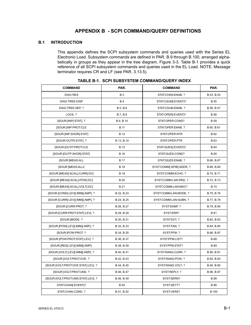 Appendix b - scpi command/query definitions, B.1 introduction, Table b-1. scpi subsystem command/query index | KEPCO EL Series Electronic Load Operator Manual P/N 243-1295 Firmware Version 3.63 through 3.86 User Manual | Page 63 / 80