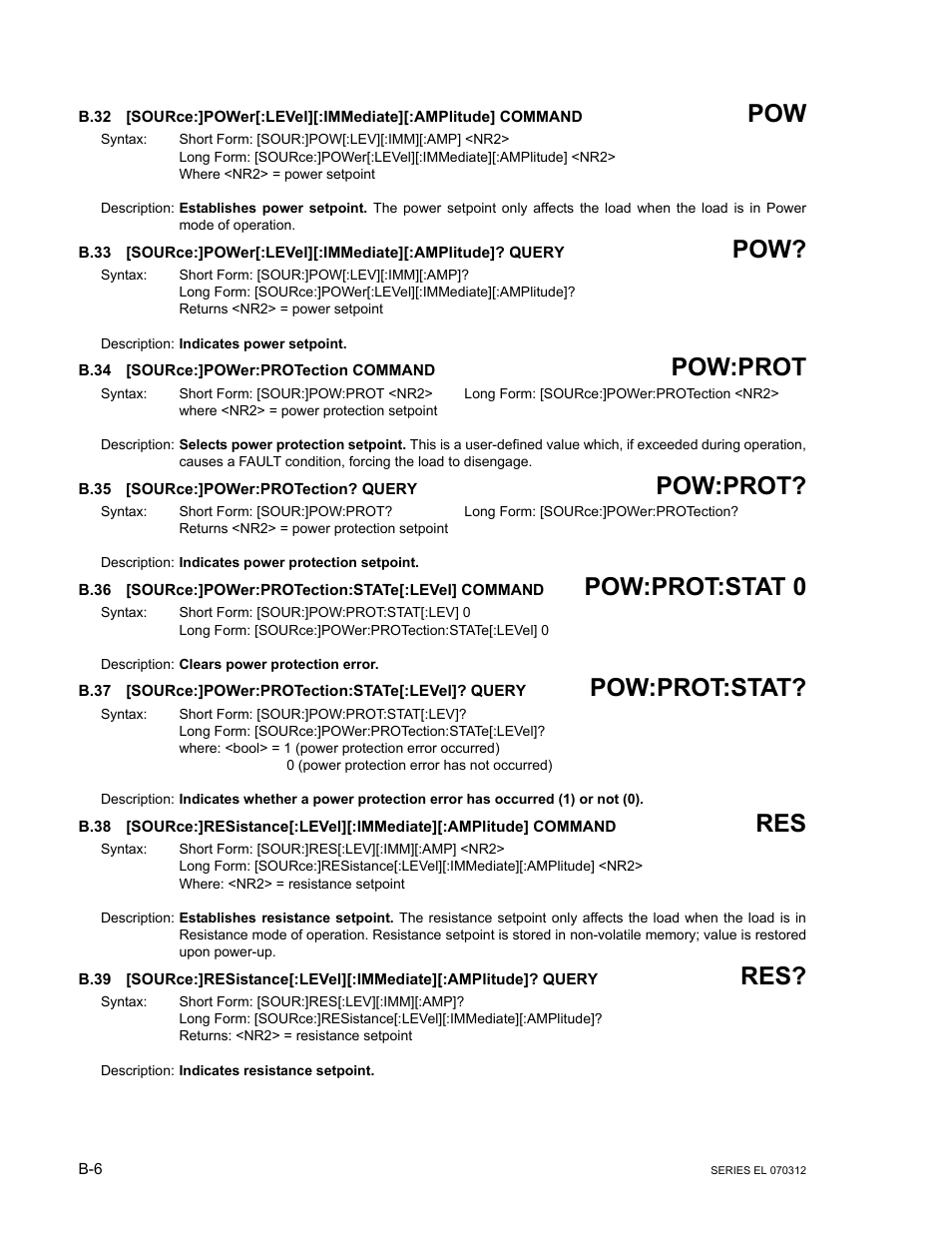 B.34 [source:]power:protection command, B.35 [source:]power:protection? query, B.32 | Source, B.33, B.34, B.35, B.36, B.37, B.38 | KEPCO EL Series Electronic Load Operator Manual P/N 243-1295 Firmware Version 3.63 through 3.86 User Manual | Page 68 / 80