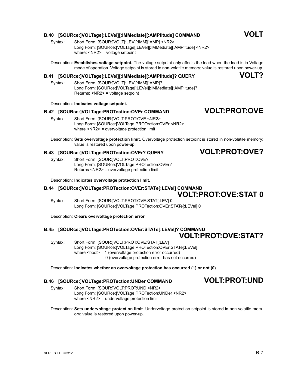 B.42 [source:]voltage:protection:over command, B.43 [source:]voltage:protection:over? query, B.46 [source:]voltage:protection:under command | B.40, Source, B.41, B.42, B.43, B.44, B.45 | KEPCO EL Series Electronic Load Operator Manual P/N 243-1295 Firmware Version 3.63 through 3.86 User Manual | Page 69 / 80