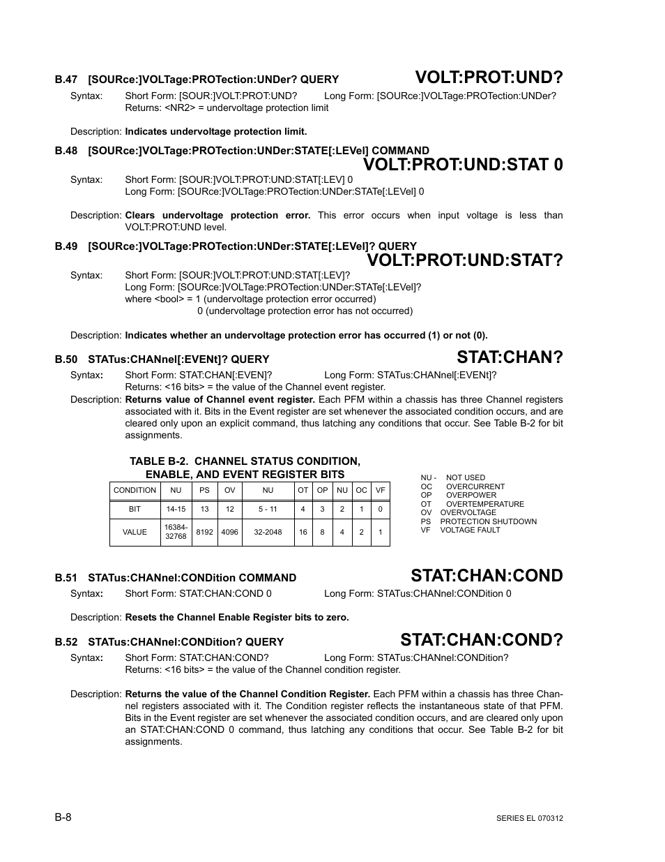 B.47 [source:]voltage:protection:under? query, B.50 status:channel[:event]? query, B.51 status:channel:condition command | B.52 status:channel:condition? query, B.47, Source, B.48, B.49, B.50, Status:channel | KEPCO EL Series Electronic Load Operator Manual P/N 243-1295 Firmware Version 3.63 through 3.86 User Manual | Page 70 / 80