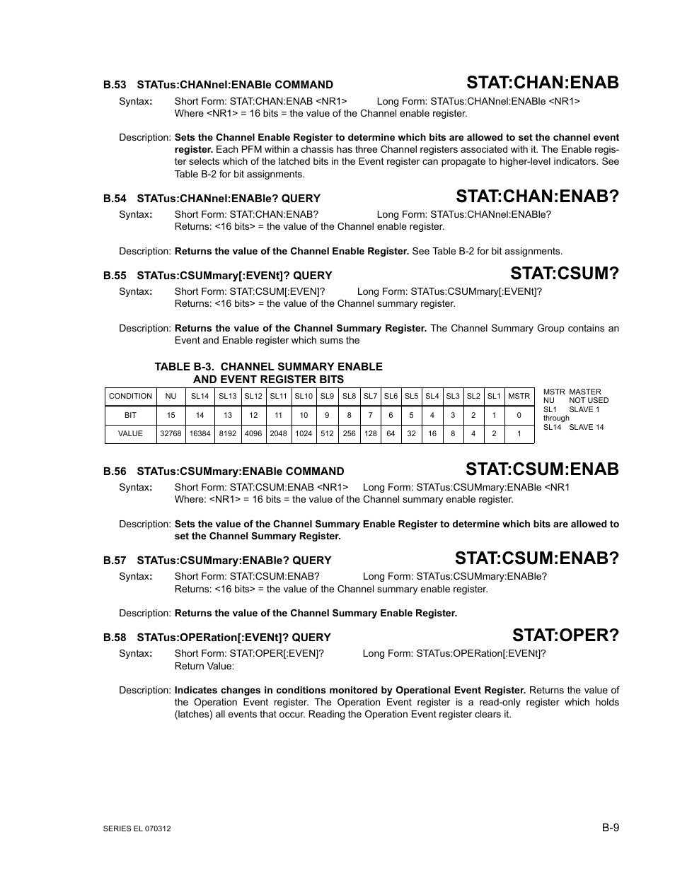 B.53 status:channel:enable command, B.54 status:channel:enable? query, B.55 status:csummary[:event]? query | B.56 status:csummary:enable command, B.57 status:csummary:enable? query, B.58 status:operation[:event]? query, B.53, Status:channel, B.54, B.55 | KEPCO EL Series Electronic Load Operator Manual P/N 243-1295 Firmware Version 3.63 through 3.86 User Manual | Page 71 / 80