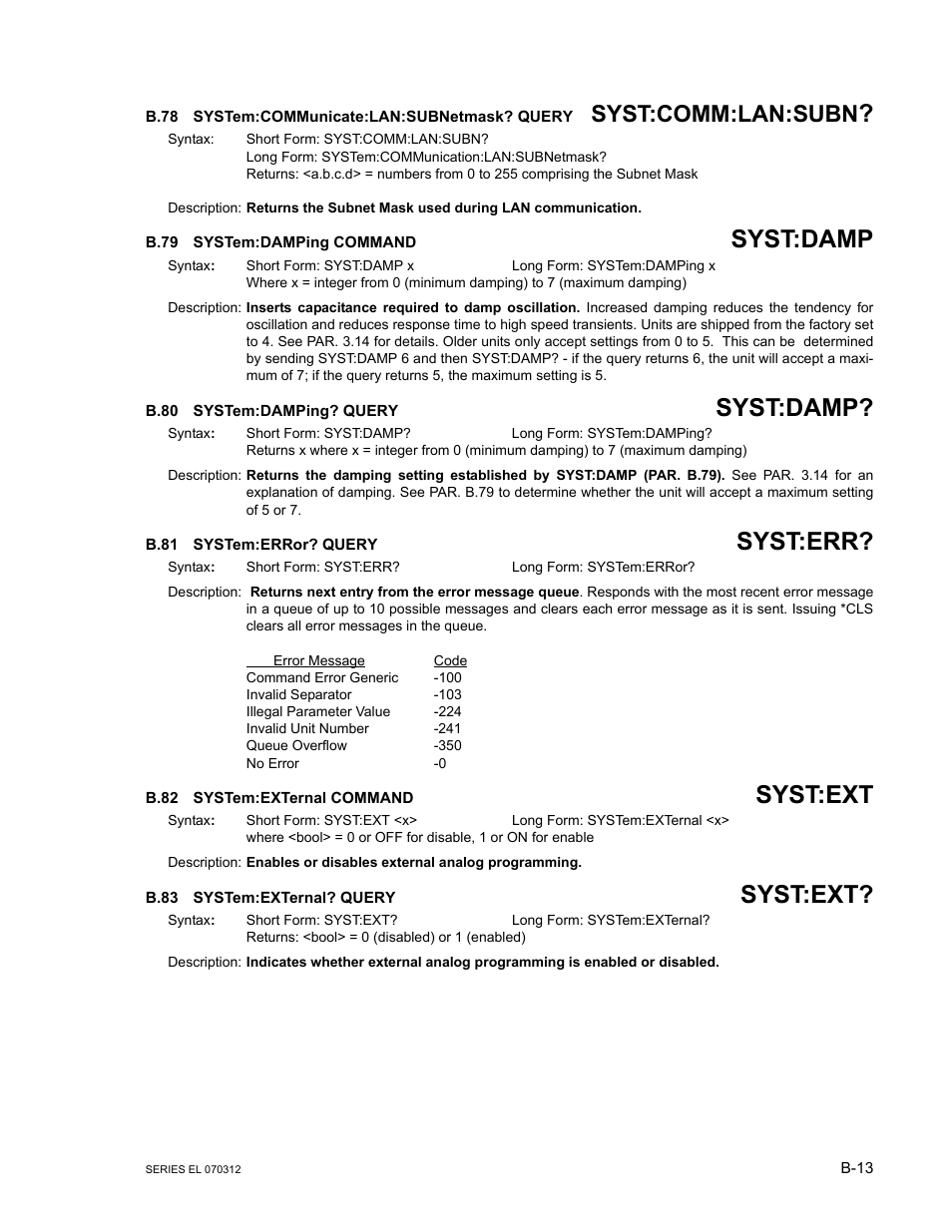 B.78 system:communicate:lan:subnetmask? query, B.79 system:damping command, B.80 system:damping? query | B.81 system:error? query, B.82 system:external command, B.83 system:external? query, B.78, System:communicate:lan:subnetma, B.79, System:damping command | KEPCO EL Series Electronic Load Operator Manual P/N 243-1295 Firmware Version 3.63 through 3.86 User Manual | Page 75 / 80