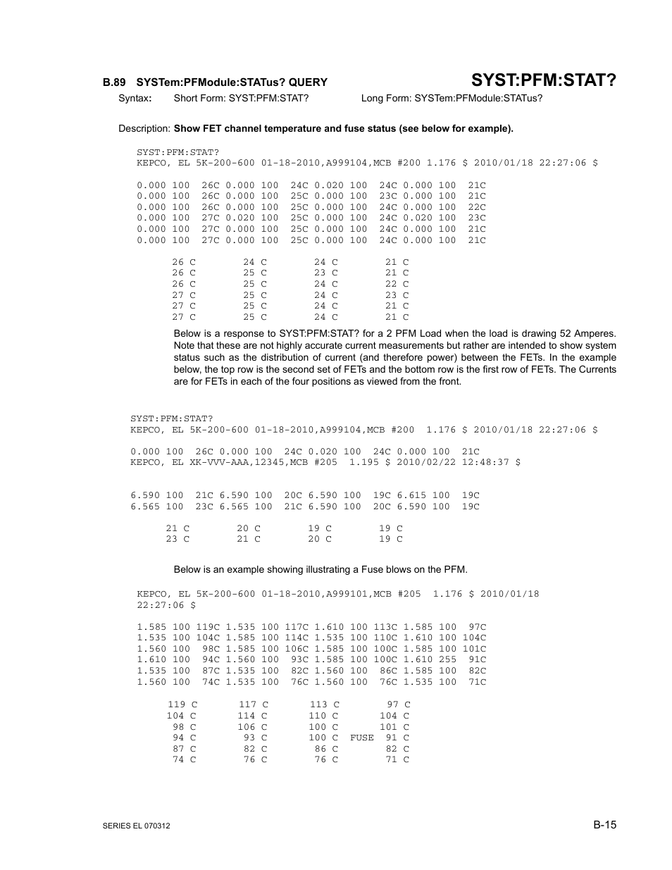 B.89 system:pfmodule:status? query, B.89, System:pfmodul | Syst:pfm:stat | KEPCO EL Series Electronic Load Operator Manual P/N 243-1295 Firmware Version 3.63 through 3.86 User Manual | Page 77 / 80