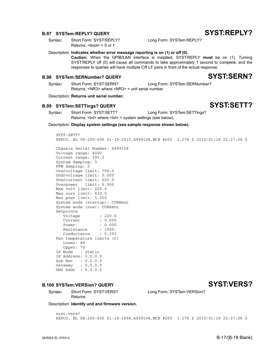 B.97 system:reply? query, B.98 system:sernumber? query, B.99 system:settings? query | B.100 system:version? query, B.97, System:reply, B.98, System:sernumber? query, B.99, System:sett | KEPCO EL Series Electronic Load Operator Manual P/N 243-1295 Firmware Version 3.63 through 3.86 User Manual | Page 79 / 80