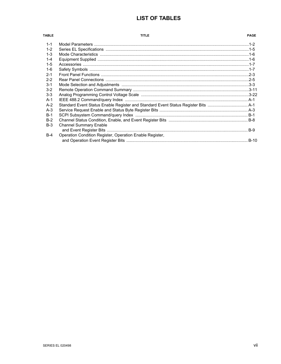 List of tables | KEPCO EL Series Electronic Load Operator Manual P/N 243-1295 Firmware Version 3.63 through 3.86 User Manual | Page 9 / 80