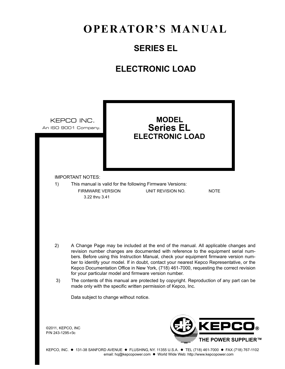 KEPCO EL Series Electronic Load Operator Manual P/N 243-1295 Firmware Version 3.22 through 3.41 User Manual | 78 pages