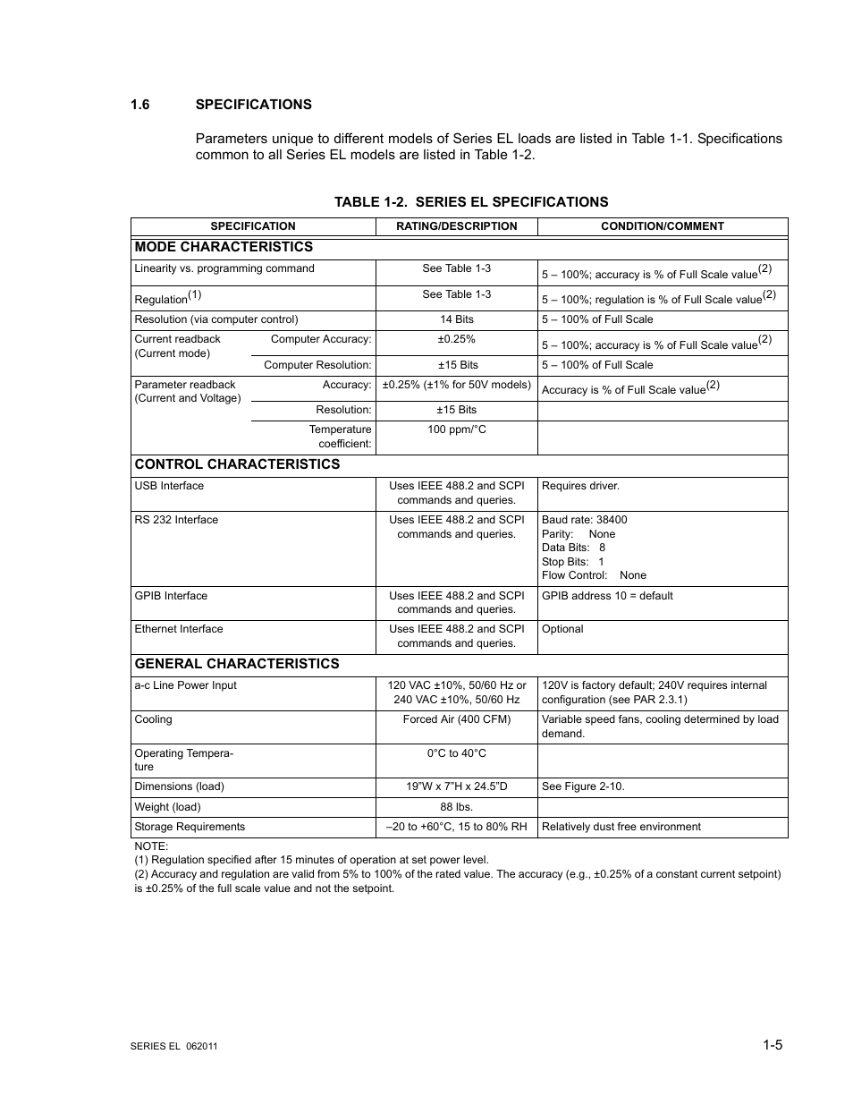 6 specifications, Table 1-2. series el specifications, Specifications -5 | Series el specifications -5 | KEPCO EL Series Electronic Load Operator Manual P/N 243-1295 Firmware Version 3.22 through 3.41 User Manual | Page 15 / 78