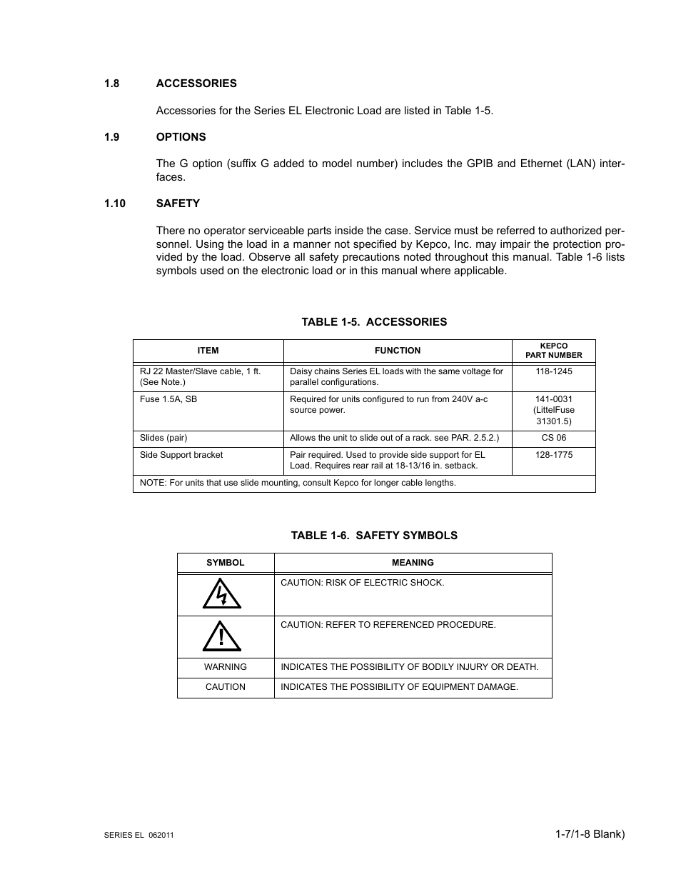 8 accessories, 9 options, 10 safety | Table 1-5. accessories, Table 1-6. safety symbols, Accessories -7, Options -7, Safety -7, Safety symbols -7 | KEPCO EL Series Electronic Load Operator Manual P/N 243-1295 Firmware Version 3.22 through 3.41 User Manual | Page 17 / 78