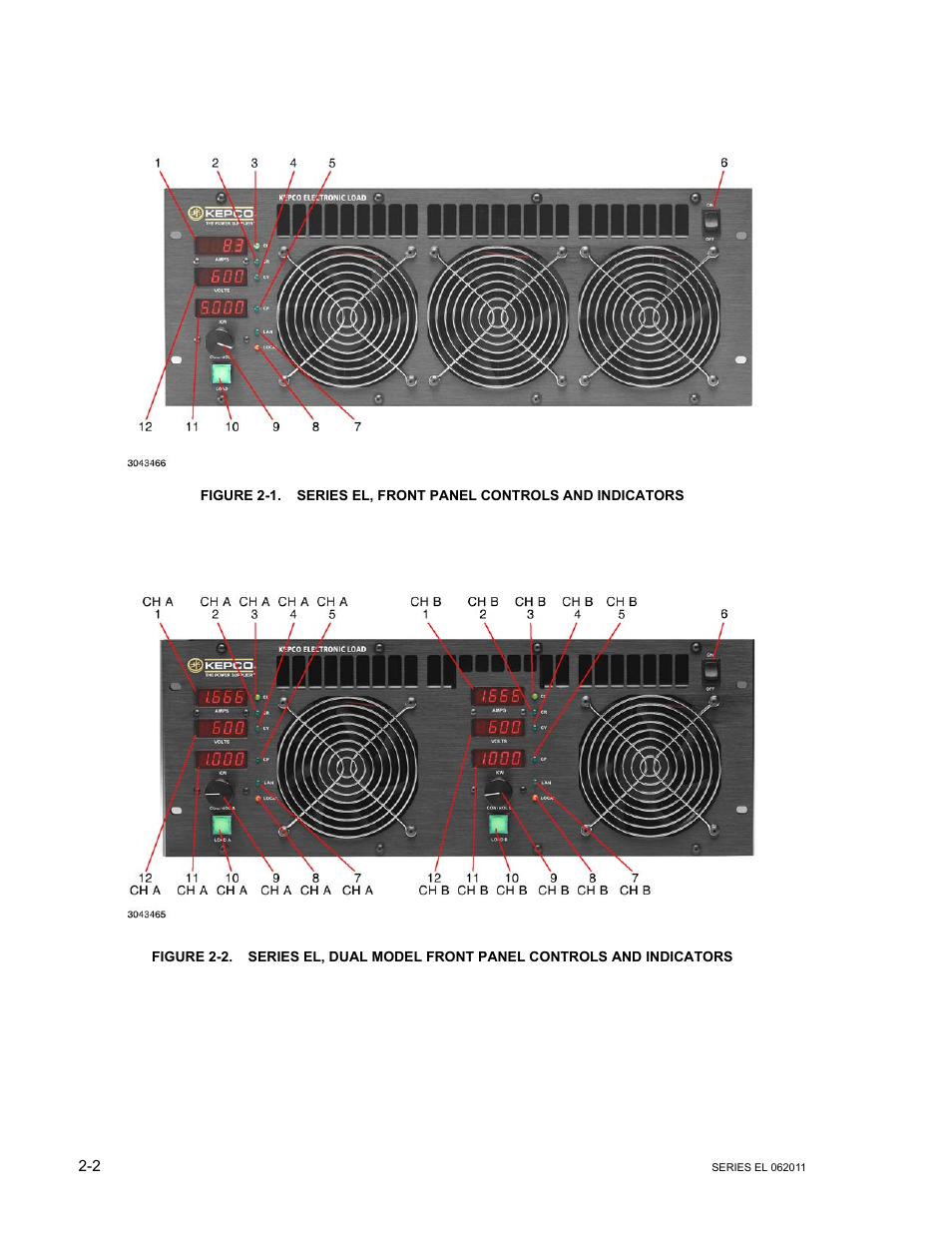 Series el, front panel controls and indicators -2, Re 2-2 sho | KEPCO EL Series Electronic Load Operator Manual P/N 243-1295 Firmware Version 3.22 through 3.41 User Manual | Page 20 / 78