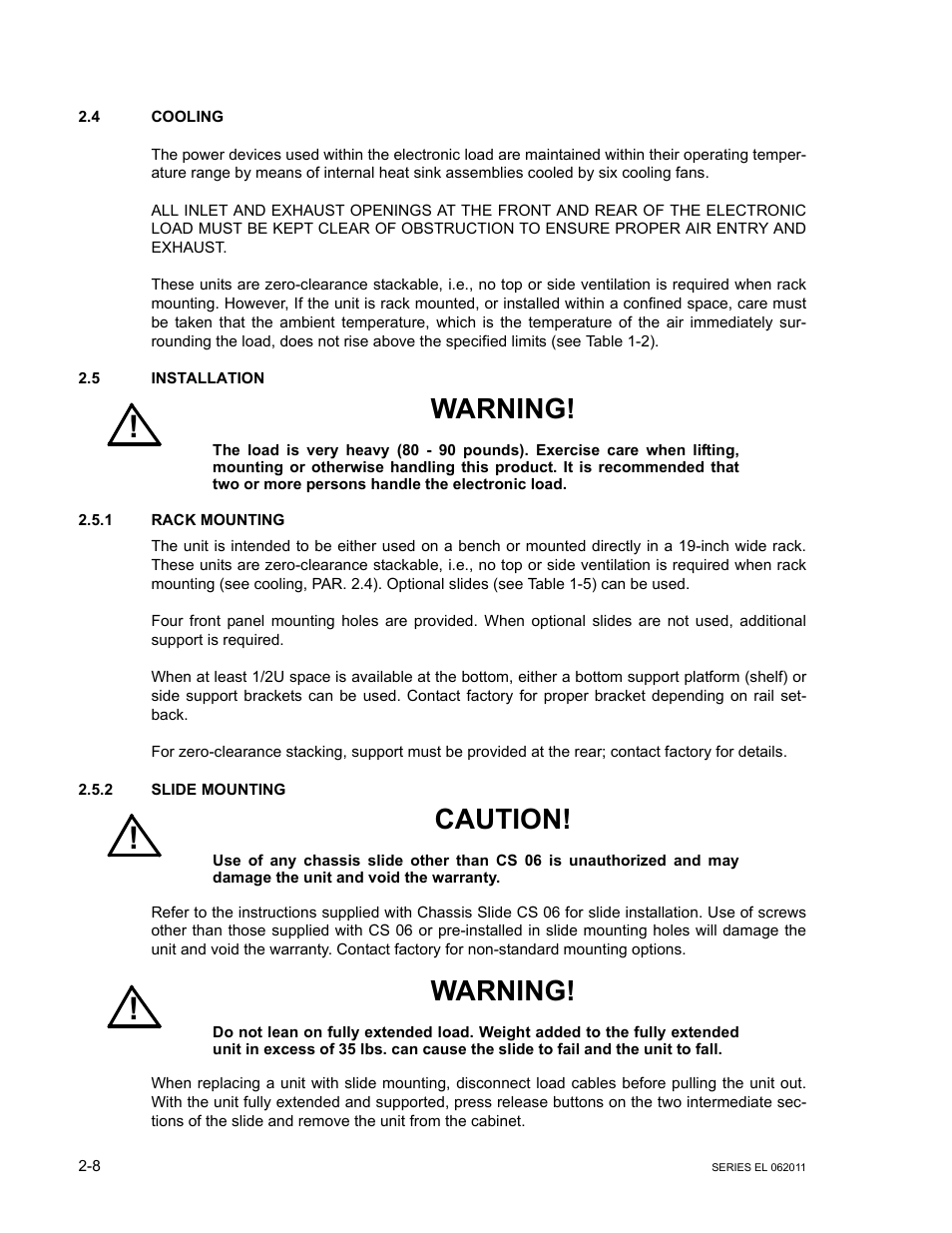 4 cooling, 5 installation, 1 rack mounting | 2 slide mounting, Cooling -8, Installation -8, Rack mounting -8, Slide mounting -8, Warning, Caution | KEPCO EL Series Electronic Load Operator Manual P/N 243-1295 Firmware Version 3.22 through 3.41 User Manual | Page 26 / 78