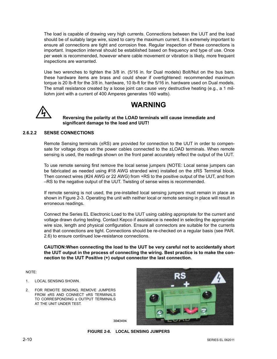 2 sense connections, Figure 2-8. local sensing jumpers, Sense connections -10 | Local sensing jumpers -10, Warning | KEPCO EL Series Electronic Load Operator Manual P/N 243-1295 Firmware Version 3.22 through 3.41 User Manual | Page 28 / 78