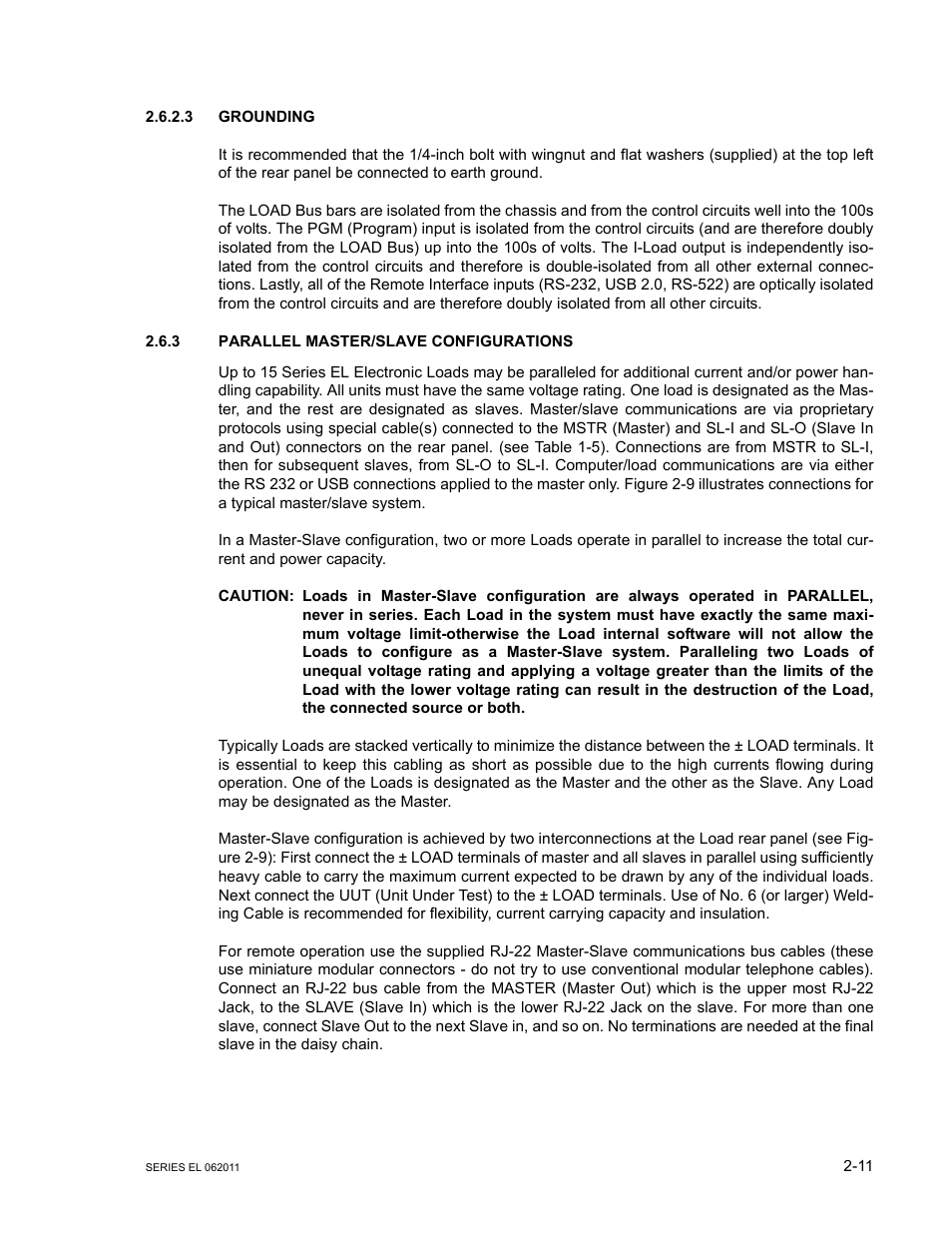 3 grounding, 3 parallel master/slave configurations, Grounding -11 | Parallel master/slave configurations -11 | KEPCO EL Series Electronic Load Operator Manual P/N 243-1295 Firmware Version 3.22 through 3.41 User Manual | Page 29 / 78