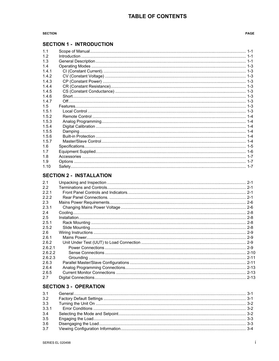 KEPCO EL Series Electronic Load Operator Manual P/N 243-1295 Firmware Version 3.22 through 3.41 User Manual | Page 3 / 78