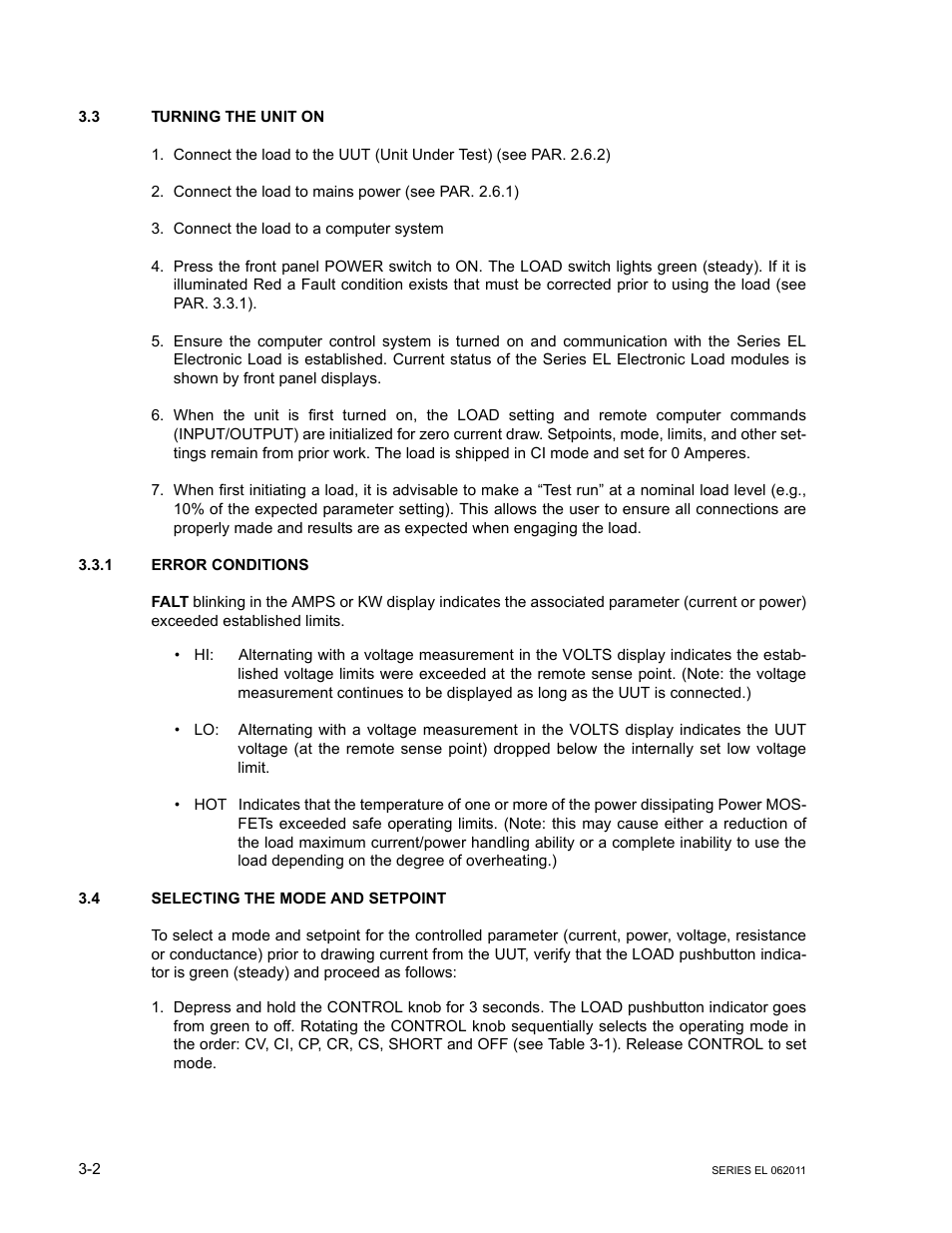 3 turning the unit on, 1 error conditions, 4 selecting the mode and setpoint | Turning the unit on -2, Error conditions -2, Selecting the mode and setpoint -2, R.3.3.1) | KEPCO EL Series Electronic Load Operator Manual P/N 243-1295 Firmware Version 3.22 through 3.41 User Manual | Page 36 / 78