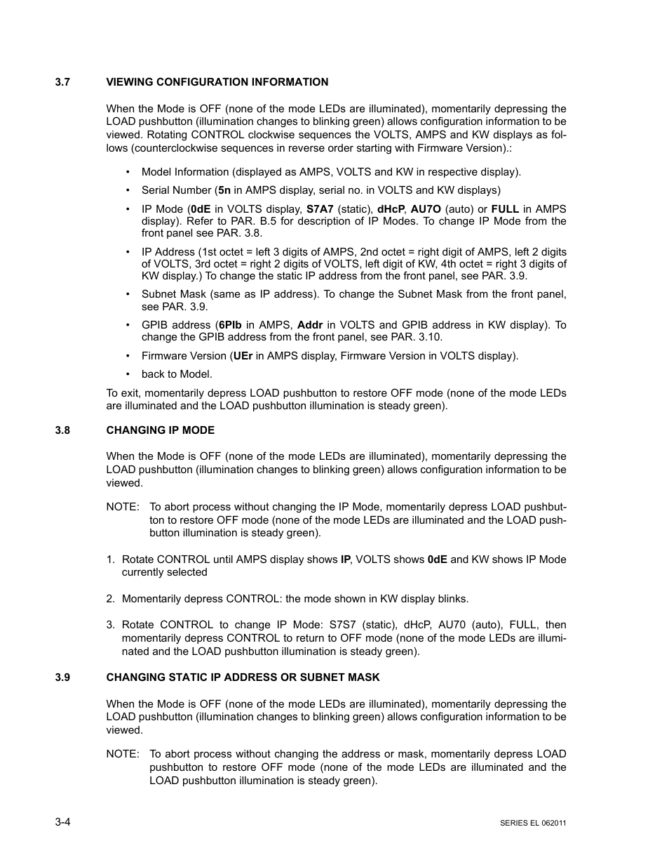 7 viewing configuration information, 8 changing ip mode, 9 changing static ip address or subnet mask | Viewing configuration information -4, Changing ip mode -4, Changing static ip address or subnet mask -4, R. 3.7) | KEPCO EL Series Electronic Load Operator Manual P/N 243-1295 Firmware Version 3.22 through 3.41 User Manual | Page 38 / 78