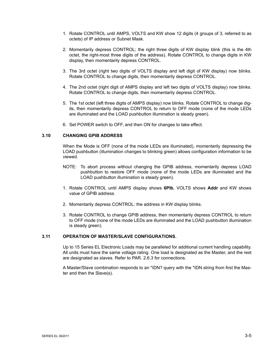 10 changing gpib address, 11 operation of master/slave configurations, Changing gpib address -5 | Operation of master/slave configurations -5, R. 3.10 | KEPCO EL Series Electronic Load Operator Manual P/N 243-1295 Firmware Version 3.22 through 3.41 User Manual | Page 39 / 78