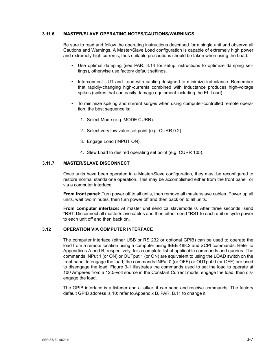 6 master/slave operating notes/cautions/warnings, 7 master/slave disconnect, 12 operation via computer interface | Master/slave operating notes/cautions/warnings -7, Master/slave disconnect -7, Operation via computer interface -7 | KEPCO EL Series Electronic Load Operator Manual P/N 243-1295 Firmware Version 3.22 through 3.41 User Manual | Page 41 / 78