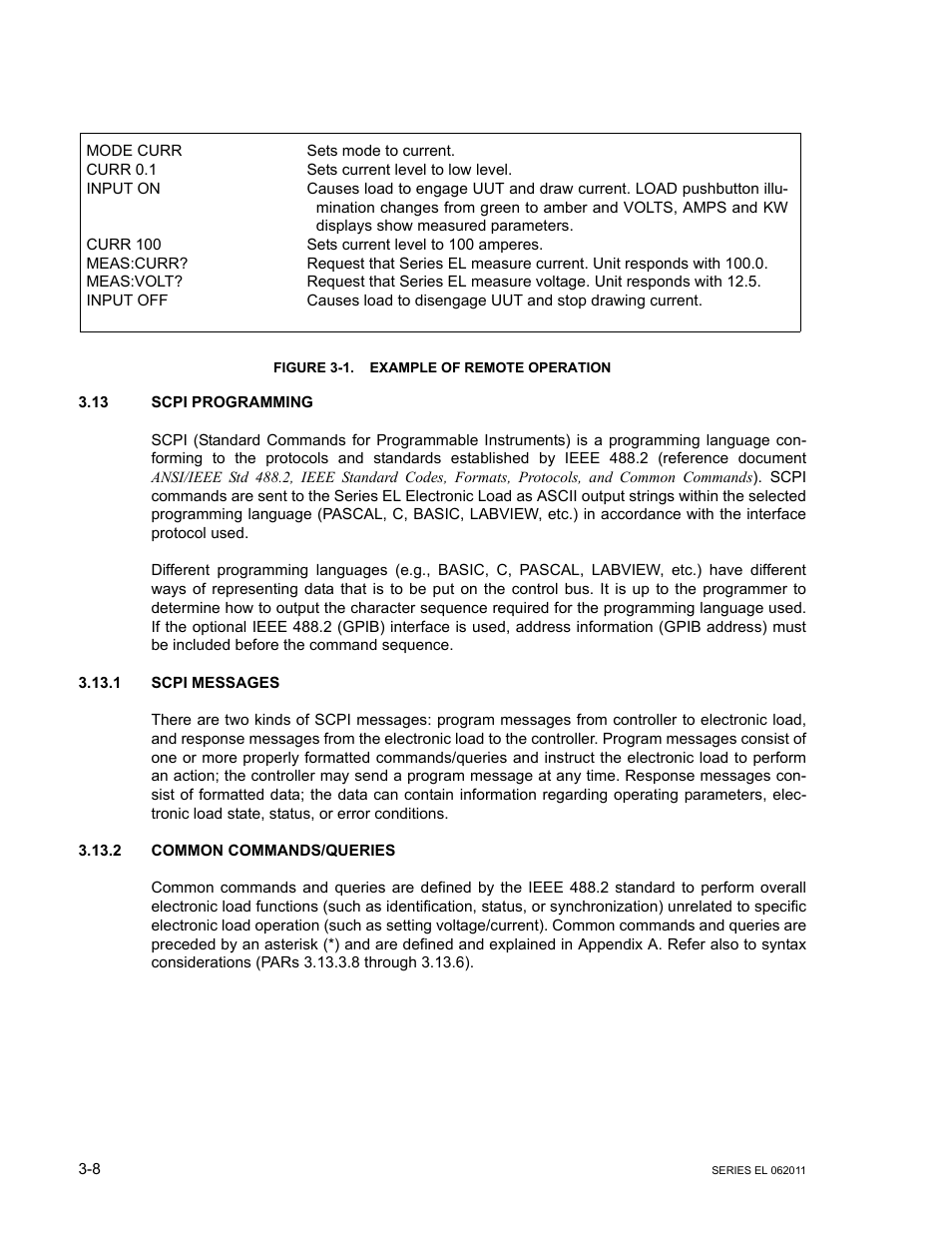 Figure 3-1. example of remote operation, 13 scpi programming, 1 scpi messages | 2 common commands/queries, Scpi programming -8, Scpi messages -8, Common commands/queries -8, Example of remote operation -8 | KEPCO EL Series Electronic Load Operator Manual P/N 243-1295 Firmware Version 3.22 through 3.41 User Manual | Page 42 / 78