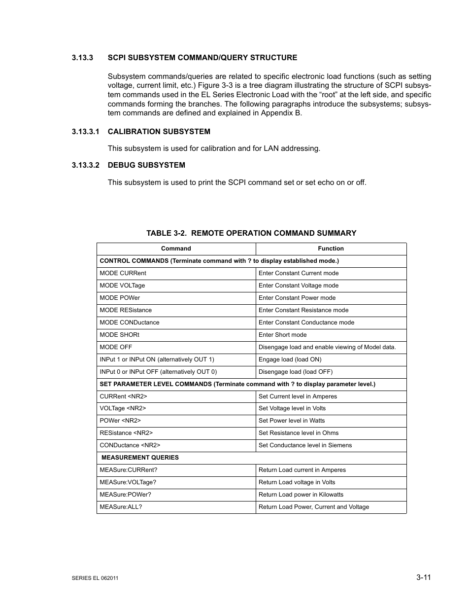 3 scpi subsystem command/query structure, 1 calibration subsystem, 2 debug subsystem | Scpi subsystem command/query structure -11, Calibration subsystem -11, Debug subsystem -11, Remote operation command summary -11 | KEPCO EL Series Electronic Load Operator Manual P/N 243-1295 Firmware Version 3.22 through 3.41 User Manual | Page 45 / 78