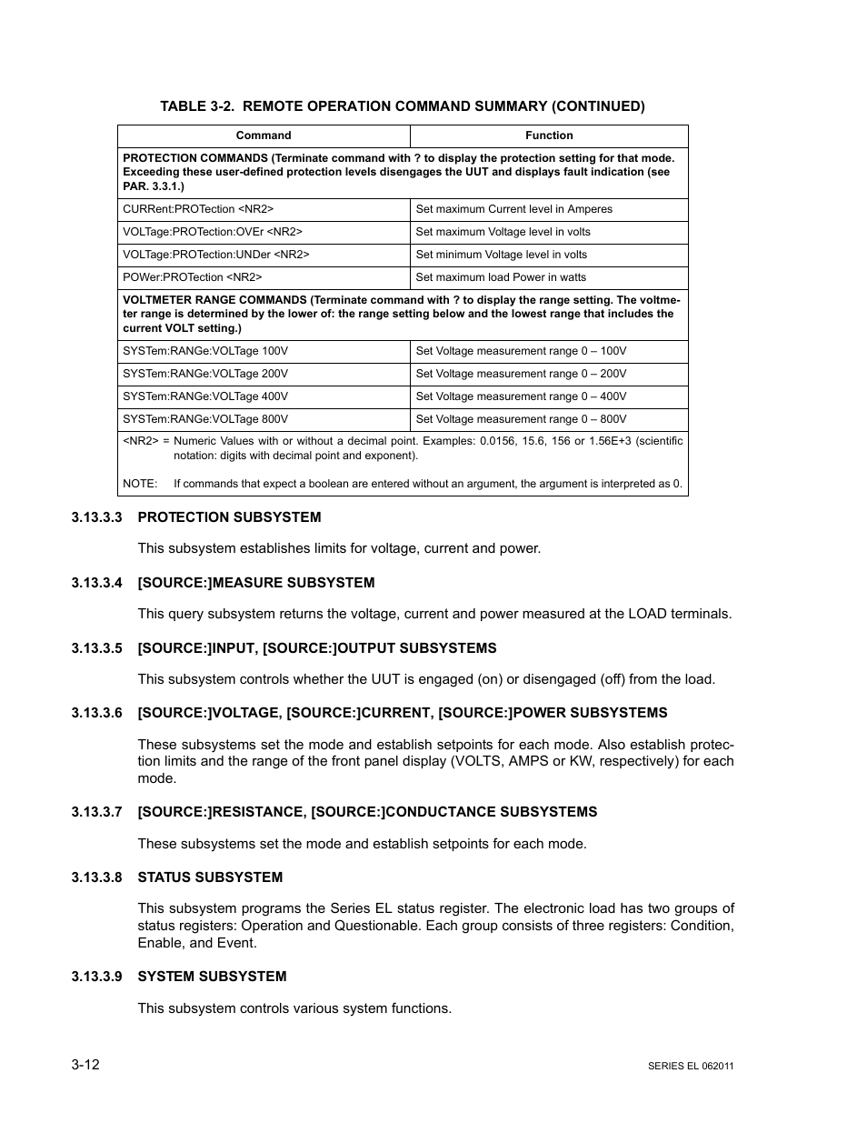 3 protection subsystem, 4 [source:]measure subsystem, 5 [source:]input, [source:]output subsystems | 8 status subsystem, 9 system subsystem, Protection subsystem -12, Source:]measure subsystem -12, Source:]input, [source:]output subsystems -12, Status subsystem -12, System subsystem -12 | KEPCO EL Series Electronic Load Operator Manual P/N 243-1295 Firmware Version 3.22 through 3.41 User Manual | Page 46 / 78