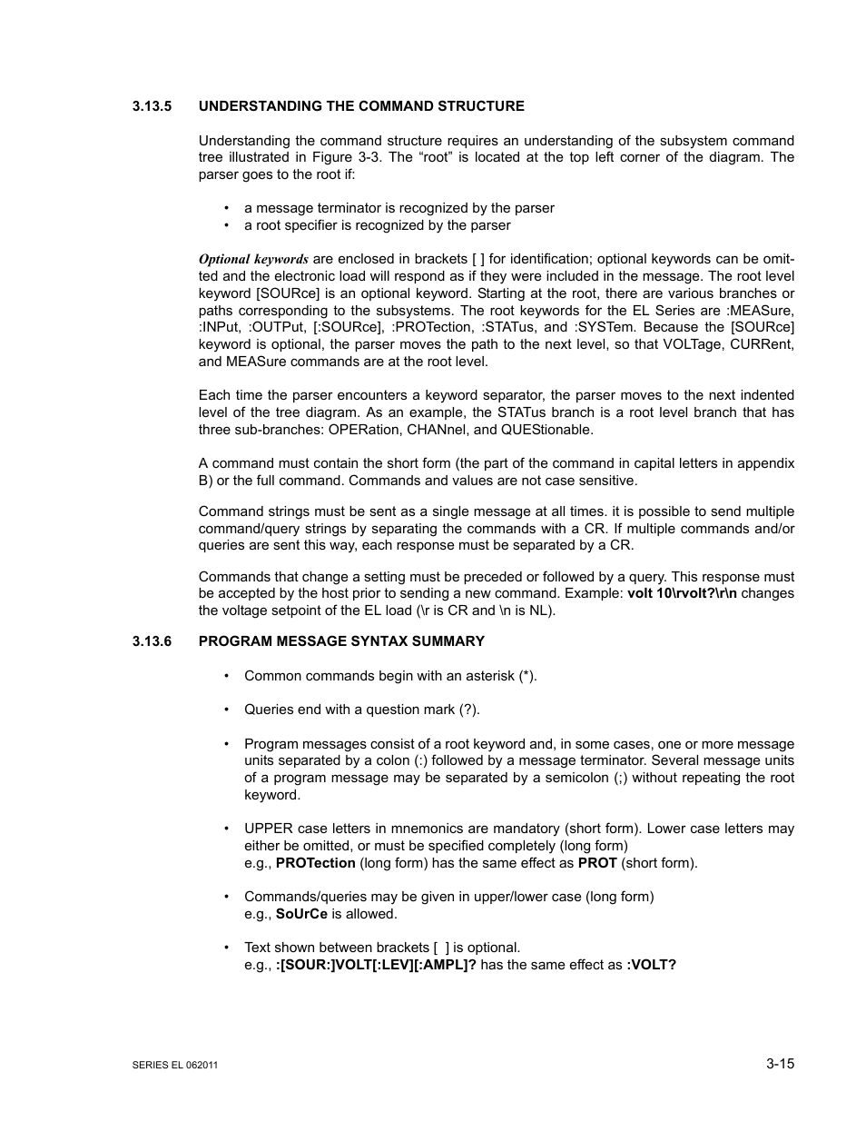 5 understanding the command structure, 6 program message syntax summary, Understanding the command structure -15 | Program message syntax summary -15 | KEPCO EL Series Electronic Load Operator Manual P/N 243-1295 Firmware Version 3.22 through 3.41 User Manual | Page 49 / 78