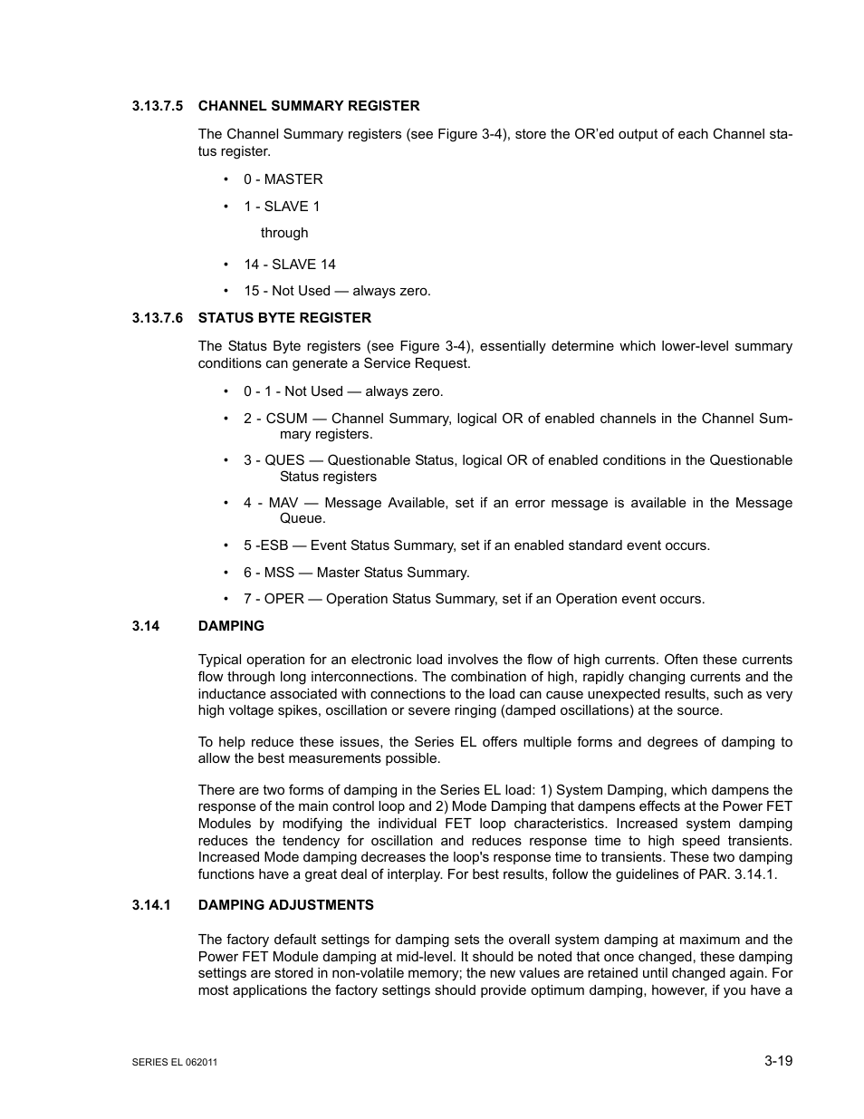 5 channel summary register, 6 status byte register, 14 damping | 1 damping adjustments, Channel summary register -19, Status byte register -19, Damping -19, Damping adjustments -19 | KEPCO EL Series Electronic Load Operator Manual P/N 243-1295 Firmware Version 3.22 through 3.41 User Manual | Page 53 / 78