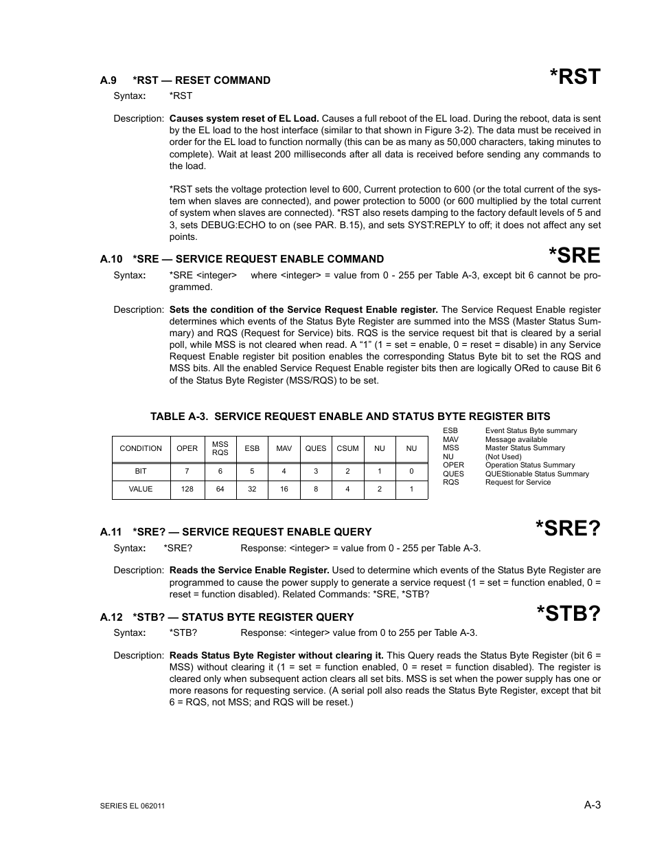 A.9 *rst — reset command, A.10 *sre — service request enable command, A.11 *sre? — service request enable query | A.12 *stb? — status byte register query, A.10, A.11, A.12, A.10, a.11 | KEPCO EL Series Electronic Load Operator Manual P/N 243-1295 Firmware Version 3.22 through 3.41 User Manual | Page 59 / 78