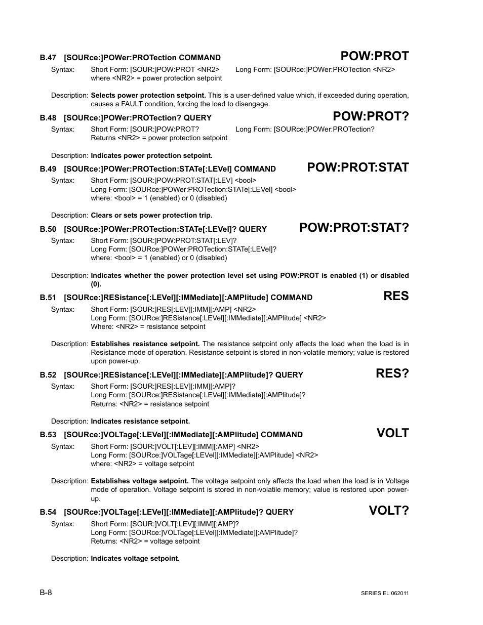 B.47 [source:]power:protection command, B.48 [source:]power:protection? query, B.47 | Source, B.48, B.49, B.50, B.51, B.52, B.53 | KEPCO EL Series Electronic Load Operator Manual P/N 243-1295 Firmware Version 3.22 through 3.41 User Manual | Page 68 / 78