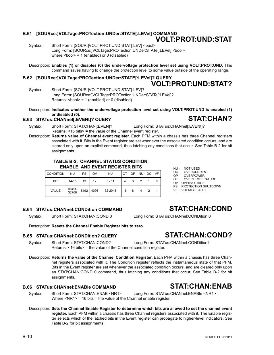 B.63 status:channel[:event]? query, B.64 status:channel:condition command, B.65 status:channel:condition? query | B.66 status:channel:enable command, B.61, Source, B.62, B.63, Status:channel, B.64 | KEPCO EL Series Electronic Load Operator Manual P/N 243-1295 Firmware Version 3.22 through 3.41 User Manual | Page 70 / 78