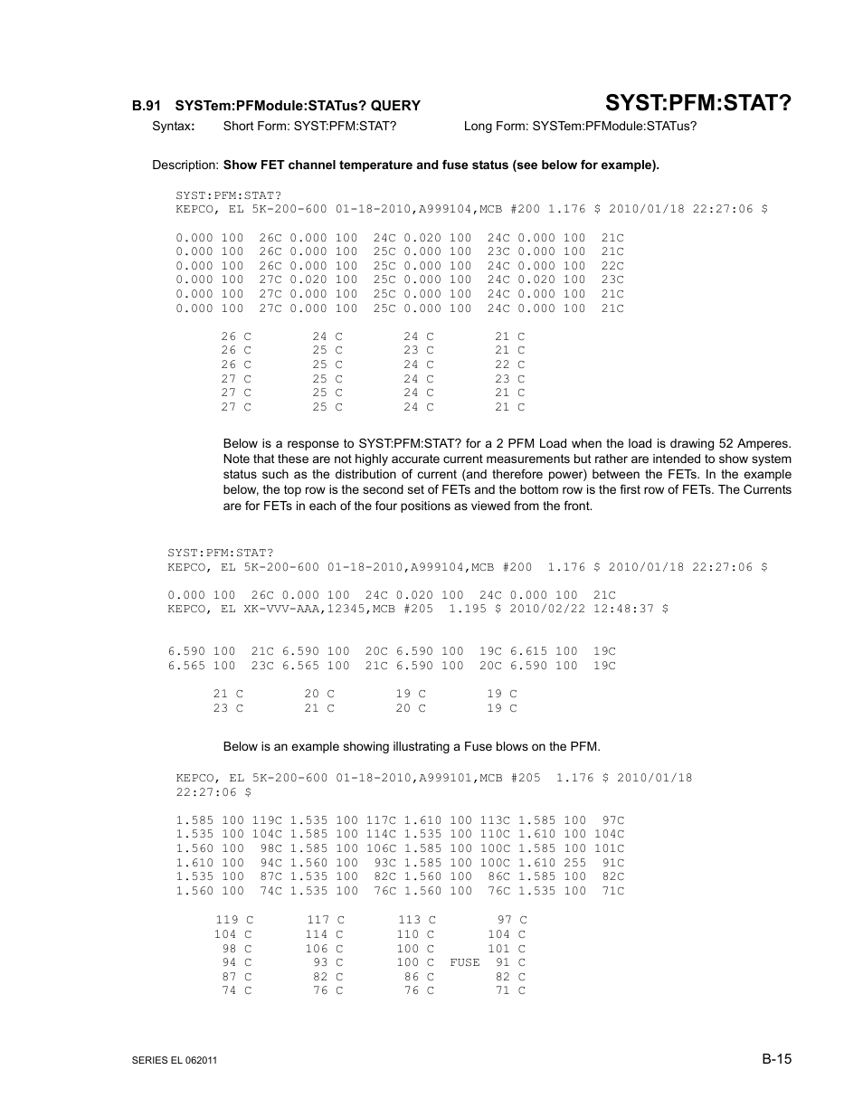 B.91 system:pfmodule:status? query, B.91, System:pfmodul | Syst:pfm:stat | KEPCO EL Series Electronic Load Operator Manual P/N 243-1295 Firmware Version 3.22 through 3.41 User Manual | Page 75 / 78