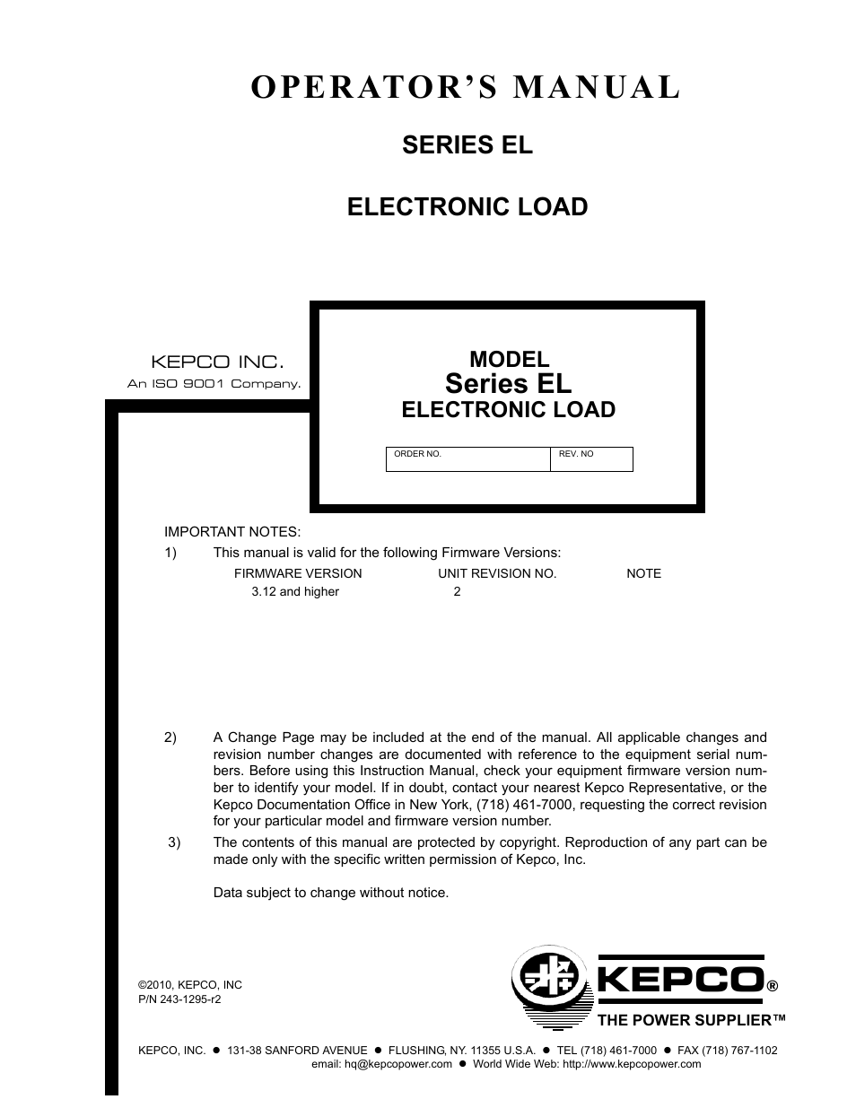 KEPCO EL Series Electronic Load Operator Manual P/N 243-1295 Firmware Version 3.12 (Unit Rev 2) User Manual | 80 pages