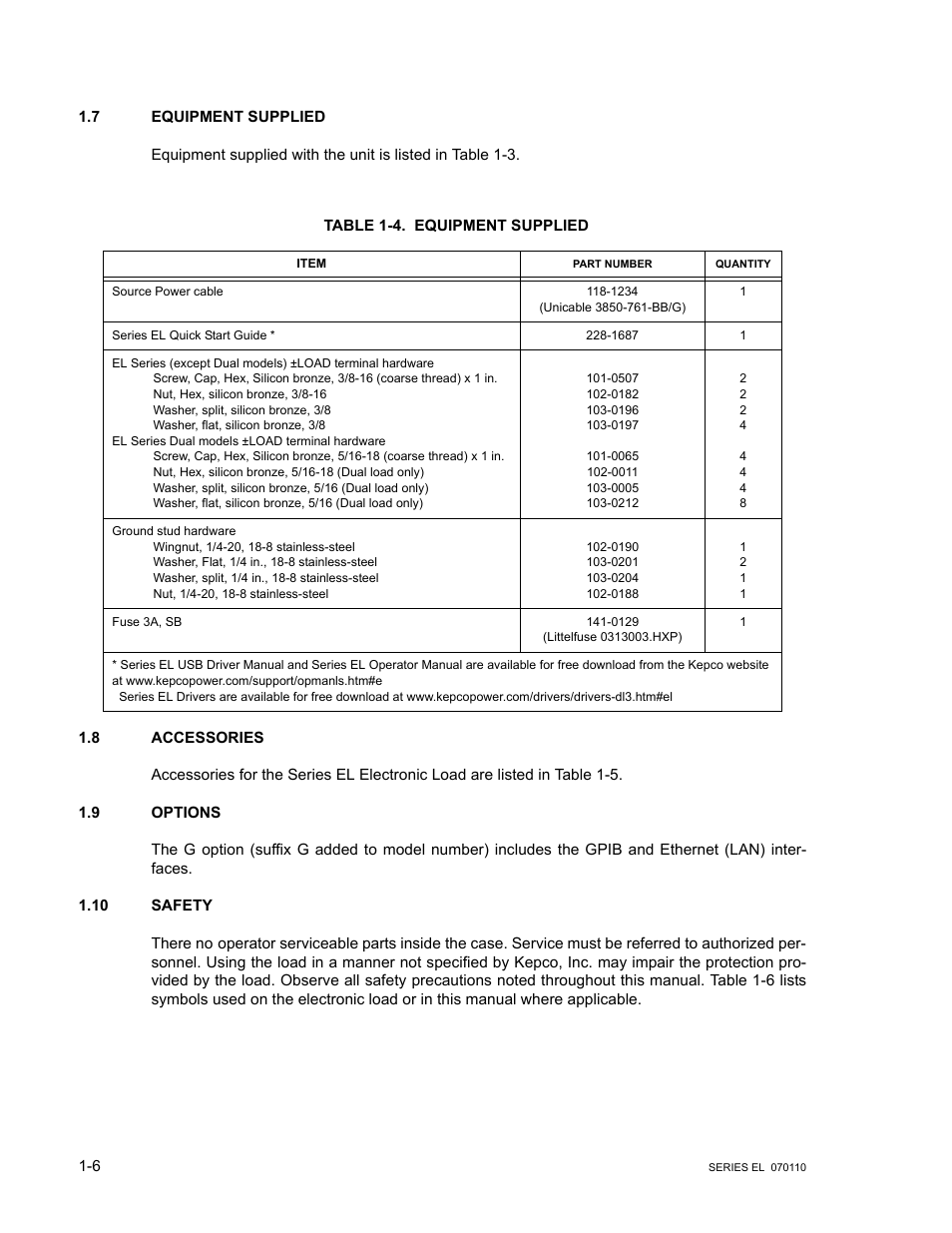 7 equipment supplied, Table 1-4. equipment supplied, 8 accessories | 9 options, 10 safety, Equipment supplied -6, Accessories -6, Options -6, Safety -6 | KEPCO EL Series Electronic Load Operator Manual P/N 243-1295 Firmware Version 3.12 (Unit Rev 2) User Manual | Page 16 / 80