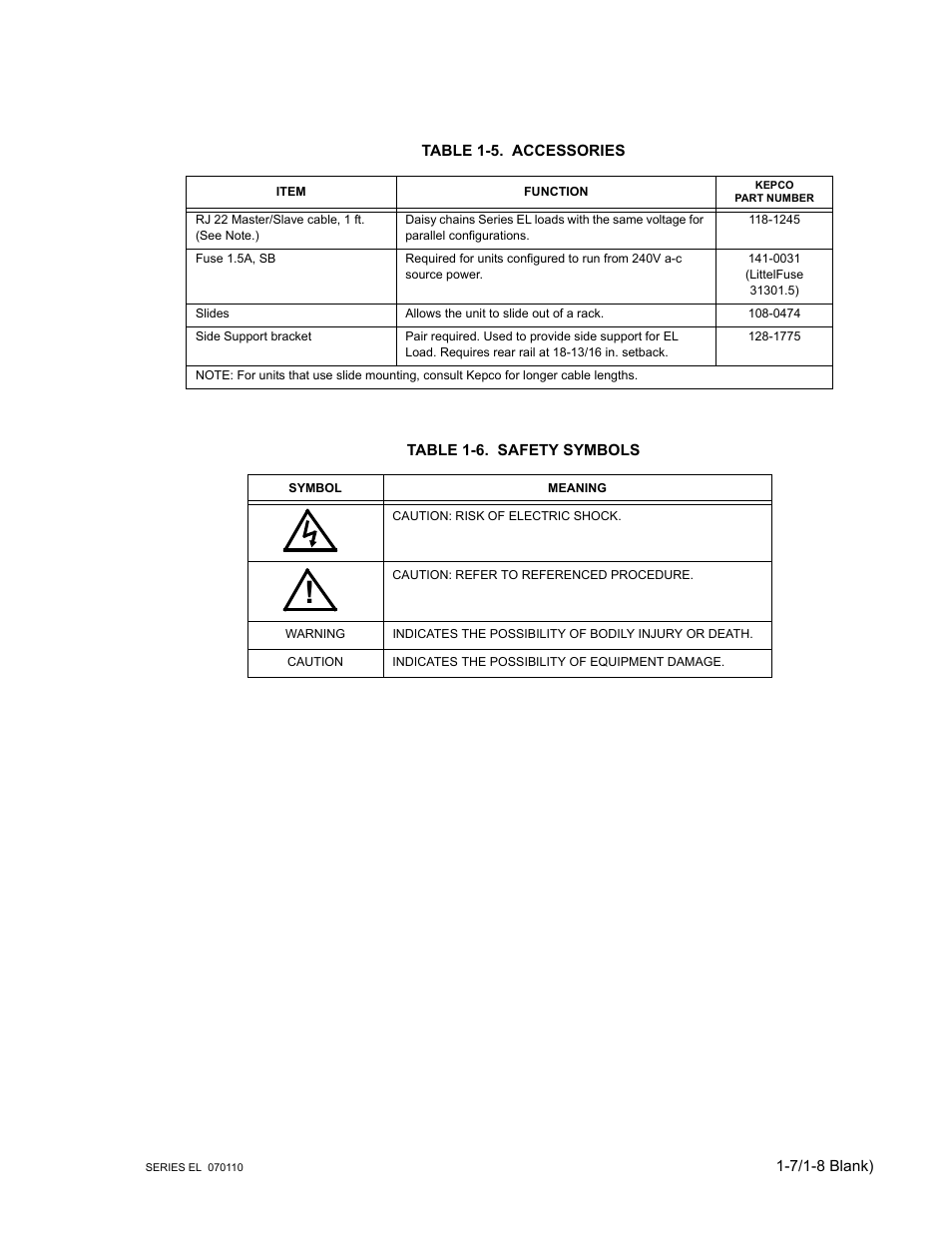 Table 1-5. accessories, Table 1-6. safety symbols, Accessories -7 | Safety symbols -7 | KEPCO EL Series Electronic Load Operator Manual P/N 243-1295 Firmware Version 3.12 (Unit Rev 2) User Manual | Page 17 / 80