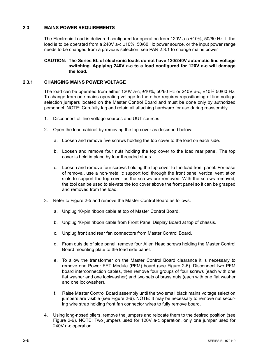 3 mains power requirements, 1 changing mains power voltage, Mains power requirements -6 | Changing mains power voltage -6, R 2.3.1?) | KEPCO EL Series Electronic Load Operator Manual P/N 243-1295 Firmware Version 3.12 (Unit Rev 2) User Manual | Page 24 / 80