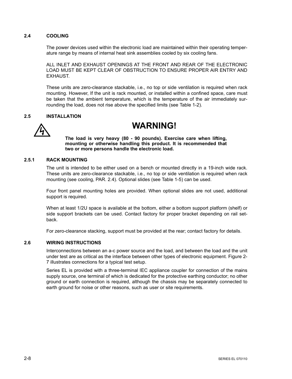 4 cooling, 5 installation, 1 rack mounting | 6 wiring instructions, Cooling -8, Installation -8, Rack mounting -8, Wiring instructions -8, Warning | KEPCO EL Series Electronic Load Operator Manual P/N 243-1295 Firmware Version 3.12 (Unit Rev 2) User Manual | Page 25 / 80