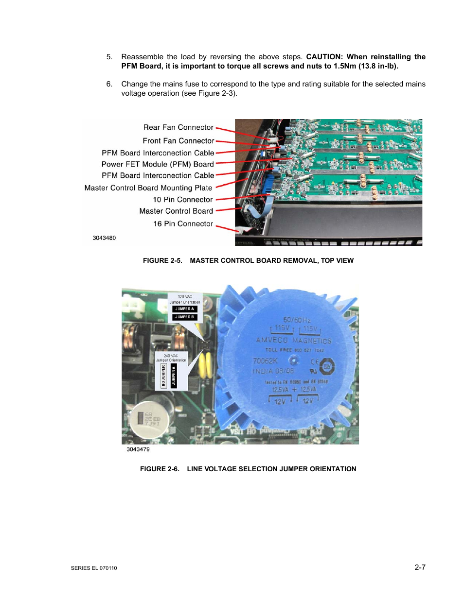 Figure 2-5. master control board removal, top view, Master control board removal, top view -7, Line voltage selection jumper orientation -7 | E 2-5 an, E 2-5) | KEPCO EL Series Electronic Load Operator Manual P/N 243-1295 Firmware Version 3.12 (Unit Rev 2) User Manual | Page 26 / 80