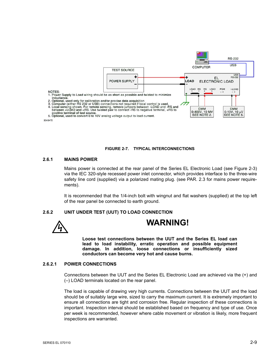 Figure 2-7. typical interconnections, 1 mains power, 2 unit under test (uut) to load connection | 1 power connections, Mains power -9, Unit under test (uut) to load connection -9, Power connections -9, Typical interconnections -9, E 2-7), 7 illus | KEPCO EL Series Electronic Load Operator Manual P/N 243-1295 Firmware Version 3.12 (Unit Rev 2) User Manual | Page 27 / 80