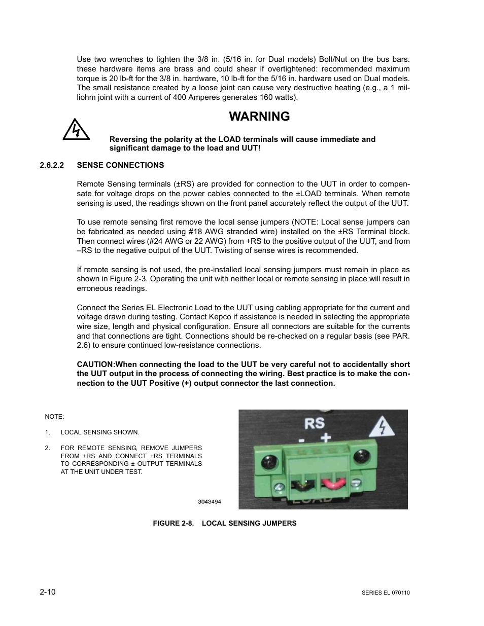 2 sense connections, Figure 2-8. local sensing jumpers, Sense connections -10 | Local sensing jumpers -10, Warning | KEPCO EL Series Electronic Load Operator Manual P/N 243-1295 Firmware Version 3.12 (Unit Rev 2) User Manual | Page 28 / 80