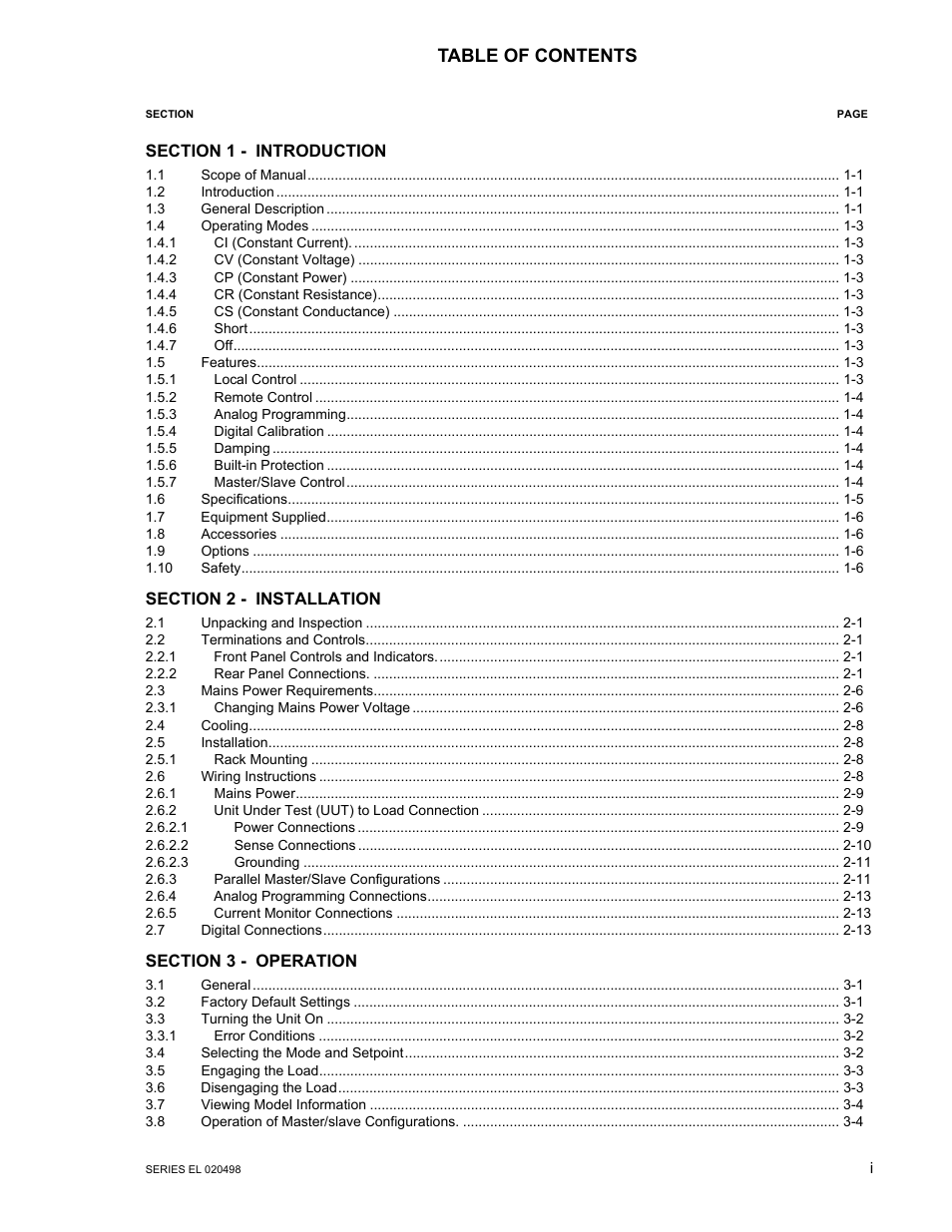 KEPCO EL Series Electronic Load Operator Manual P/N 243-1295 Firmware Version 3.12 (Unit Rev 2) User Manual | Page 3 / 80