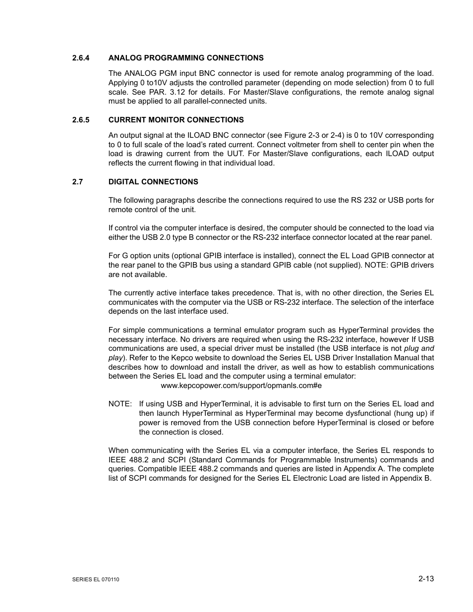 4 analog programming connections, 5 current monitor connections, 7 digital connections | Analog programming connections -13, Current monitor connections -13, Digital connections -13 | KEPCO EL Series Electronic Load Operator Manual P/N 243-1295 Firmware Version 3.12 (Unit Rev 2) User Manual | Page 31 / 80