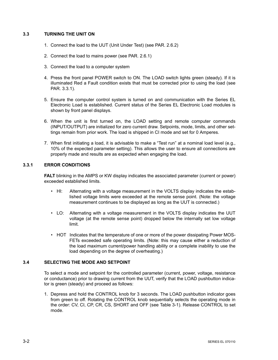 3 turning the unit on, 1 error conditions, 4 selecting the mode and setpoint | Turning the unit on -2, Error conditions -2, Selecting the mode and setpoint -2, R.3.3.1) | KEPCO EL Series Electronic Load Operator Manual P/N 243-1295 Firmware Version 3.12 (Unit Rev 2) User Manual | Page 36 / 80