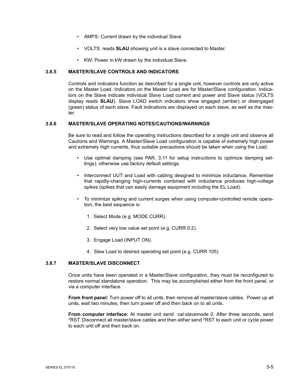 5 master/slave controls and indicators, 6 master/slave operating notes/cautions/warnings, 7 master/slave disconnect | Master/slave controls and indicators -5, Master/slave operating notes/cautions/warnings -5, Master/slave disconnect -5 | KEPCO EL Series Electronic Load Operator Manual P/N 243-1295 Firmware Version 3.12 (Unit Rev 2) User Manual | Page 39 / 80