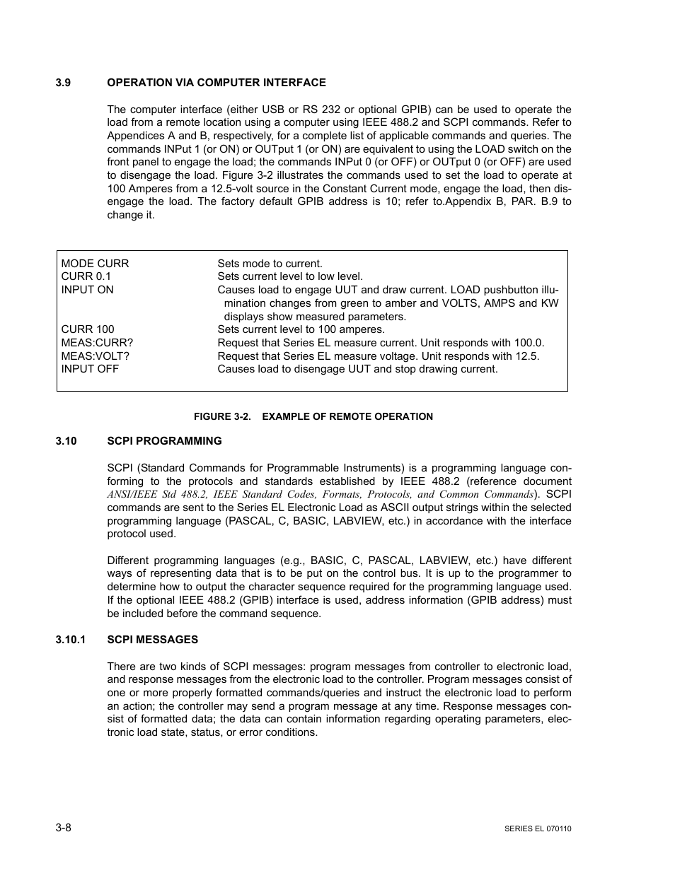 9 operation via computer interface, Figure 3-2. example of remote operation, 10 scpi programming | 1 scpi messages, Operation via computer interface -8, Scpi programming -8, Scpi messages -8, Example of remote operation -8 | KEPCO EL Series Electronic Load Operator Manual P/N 243-1295 Firmware Version 3.12 (Unit Rev 2) User Manual | Page 42 / 80