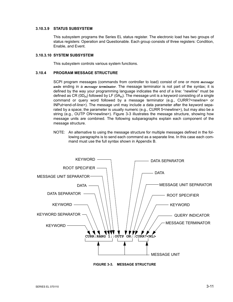 9 status subsystem, 10 system subsystem, 4 program message structure | Figure 3-3. message structure, Status subsystem -11, System subsystem -11, Program message structure -11, Message structure -11 | KEPCO EL Series Electronic Load Operator Manual P/N 243-1295 Firmware Version 3.12 (Unit Rev 2) User Manual | Page 45 / 80