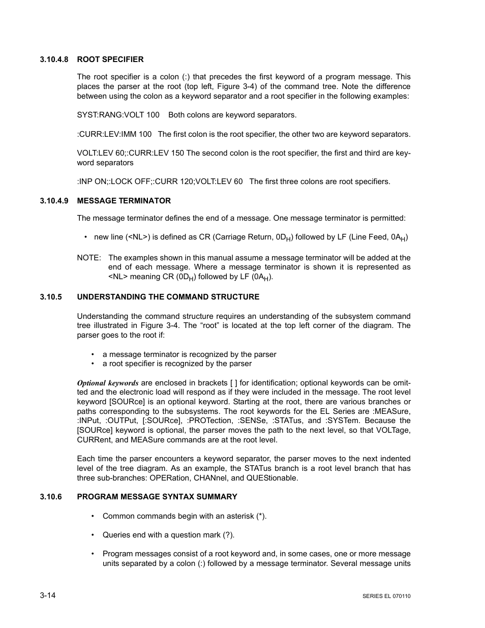 8 root specifier, 9 message terminator, 5 understanding the command structure | 6 program message syntax summary, Root specifier -14, Message terminator -14, Understanding the command structure -14, Program message syntax summary -14 | KEPCO EL Series Electronic Load Operator Manual P/N 243-1295 Firmware Version 3.12 (Unit Rev 2) User Manual | Page 48 / 80