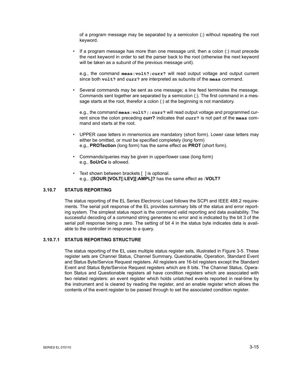 7 status reporting, 1 status reporting structure, Status reporting -15 | Status reporting structure -15 | KEPCO EL Series Electronic Load Operator Manual P/N 243-1295 Firmware Version 3.12 (Unit Rev 2) User Manual | Page 49 / 80