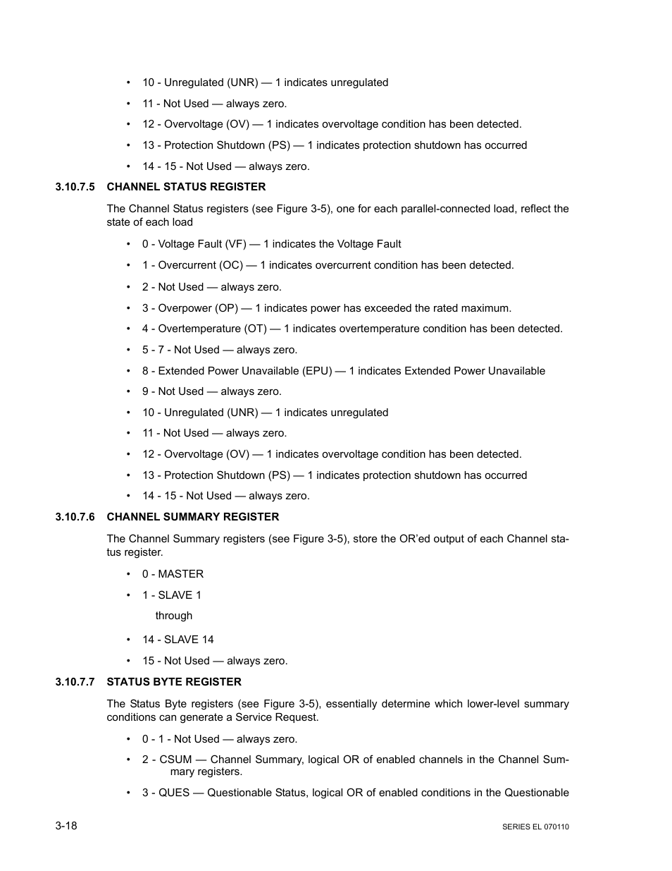 5 channel status register, 6 channel summary register, 7 status byte register | Channel status register -18, Channel summary register -18, Status byte register -18 | KEPCO EL Series Electronic Load Operator Manual P/N 243-1295 Firmware Version 3.12 (Unit Rev 2) User Manual | Page 52 / 80