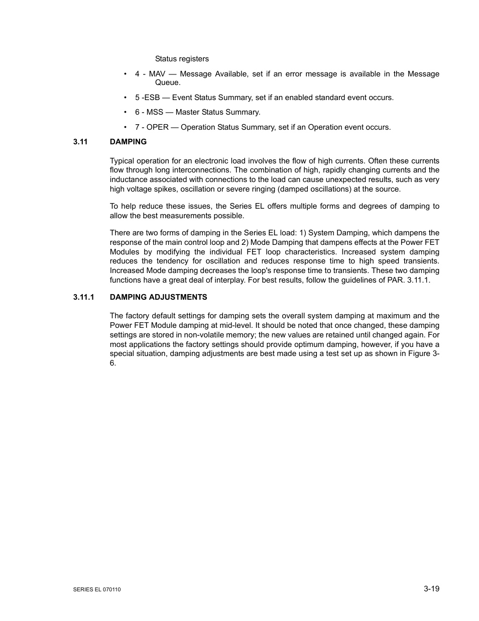 11 damping, 1 damping adjustments, Damping -19 | Damping adjustments -19 | KEPCO EL Series Electronic Load Operator Manual P/N 243-1295 Firmware Version 3.12 (Unit Rev 2) User Manual | Page 53 / 80